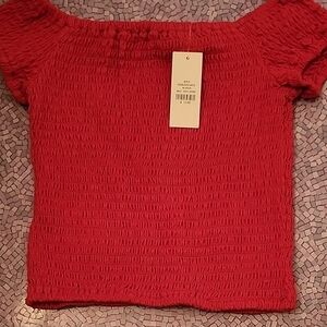 Red Smocked Off-Shoulder Top